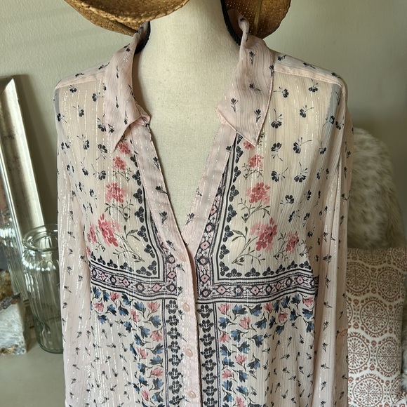 Style & Co XXL baby pink semi share button down Boho floral metallic blouse​​​ - Picture 2 of 14